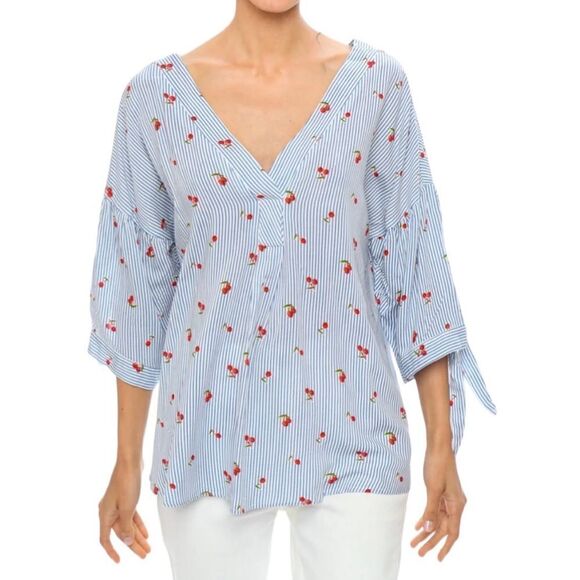 Coverstitch Women’s Blue Stripe V-Neck Cherry Print Top, Size S, NWT - Picture 1 of 8